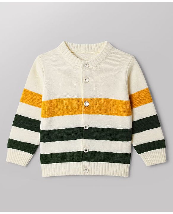 Babyhug Knit Full Sleeves Sweater and Pant Set with Stripes - White, Green, Yellow