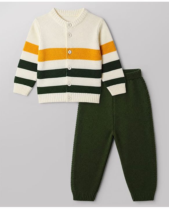 Babyhug Knit Full Sleeves Sweater and Pant Set with Stripes - White, Green, Yellow