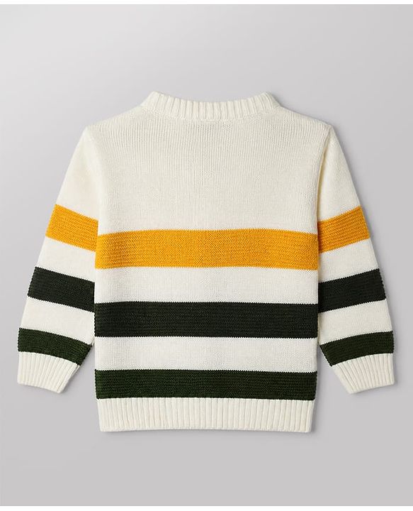 Babyhug Knit Full Sleeves Sweater and Pant Set with Stripes - White, Green, Yellow
