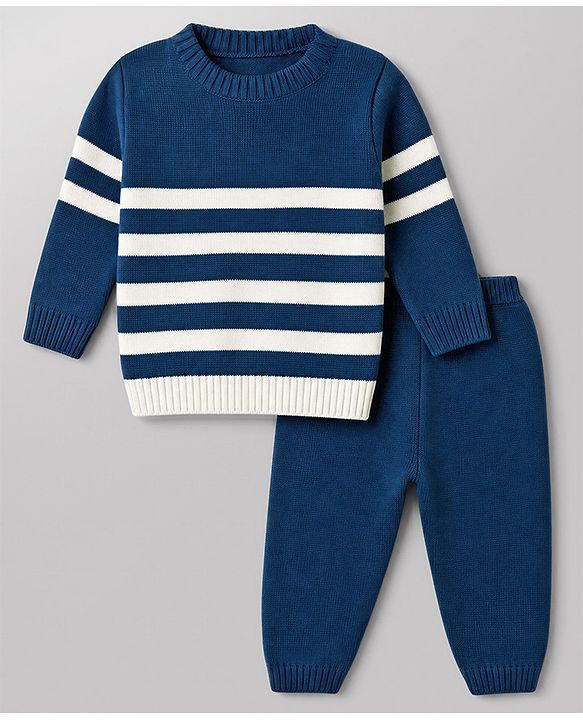 Babyhug Knit Full Sleeves Sweater Set With Stripes - White & Navy Blue