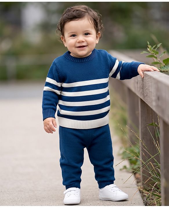 Babyhug Knit Full Sleeves Sweater Set With Stripes - White & Navy Blue