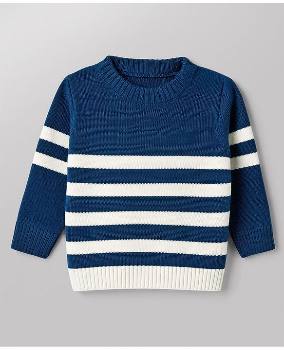 Babyhug Knit Full Sleeves Sweater Set With Stripes - White & Navy Blue