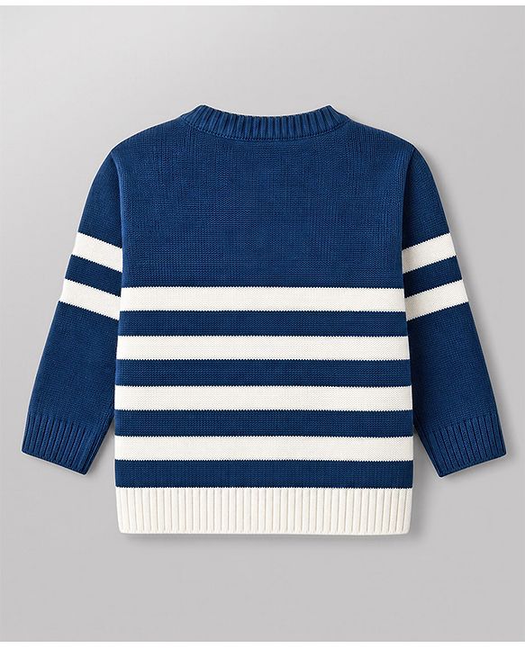 Babyhug Knit Full Sleeves Sweater Set With Stripes - White & Navy Blue