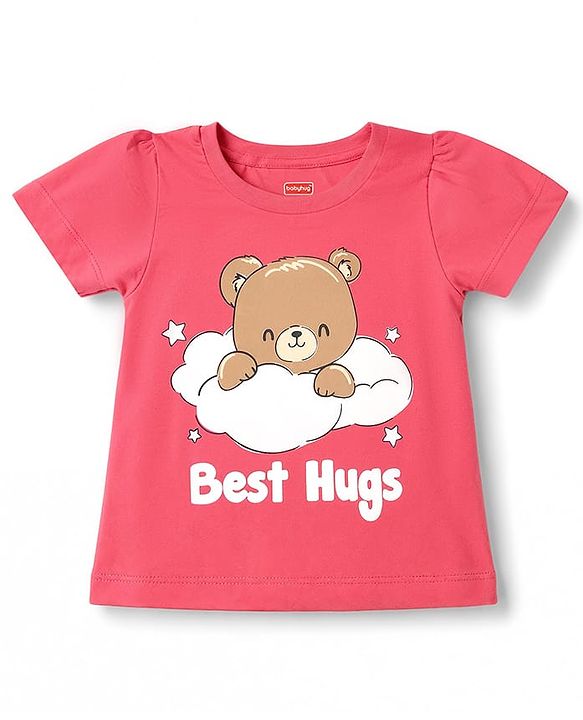 Babyhug 100% Cotton Knit Half Sleeves T-Shirt & Shorts Night Suit with Bear Print - Dark Pink