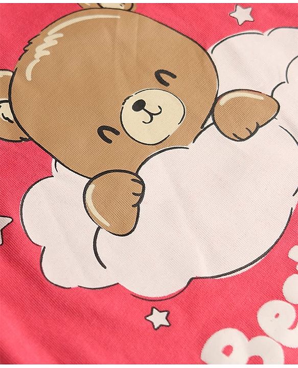 Babyhug 100% Cotton Knit Half Sleeves T-Shirt & Shorts Night Suit with Bear Print - Dark Pink