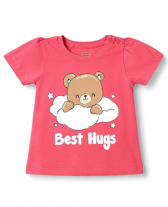Babyhug 100% Cotton Knit Half Sleeves T-Shirt & Shorts Night Suit with Bear Print - Dark Pink
