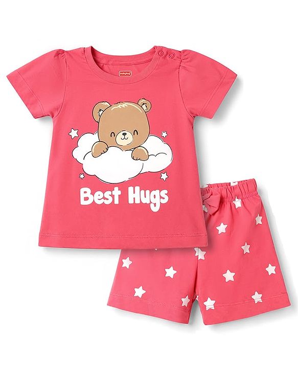 Babyhug 100% Cotton Knit Half Sleeves T-Shirt & Shorts Night Suit with Bear Print - Dark Pink
