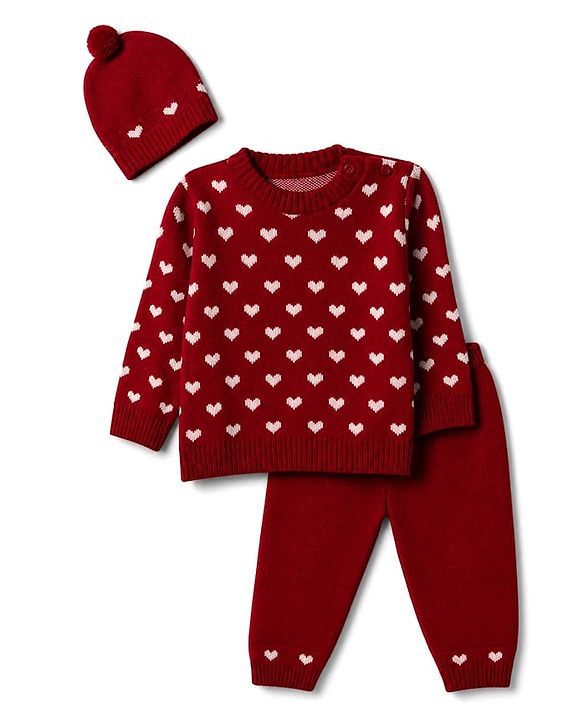 Babyhug Knit Full Sleeves Sweater Set with Heart Design - Maroon