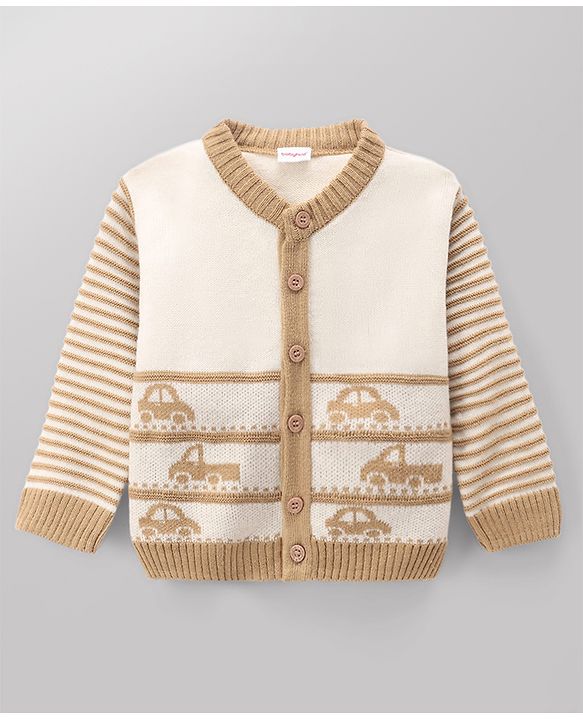 Babyhug Knit Full Sleeves Sweater Set with Vehicle Design - Beige