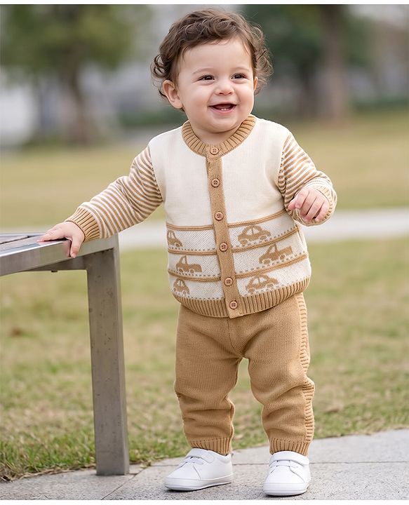 Babyhug Knit Full Sleeves Sweater Set with Vehicle Design - Beige