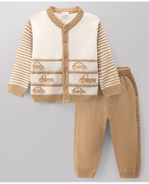 Babyhug Knit Full Sleeves Sweater Set with Vehicle Design - Beige