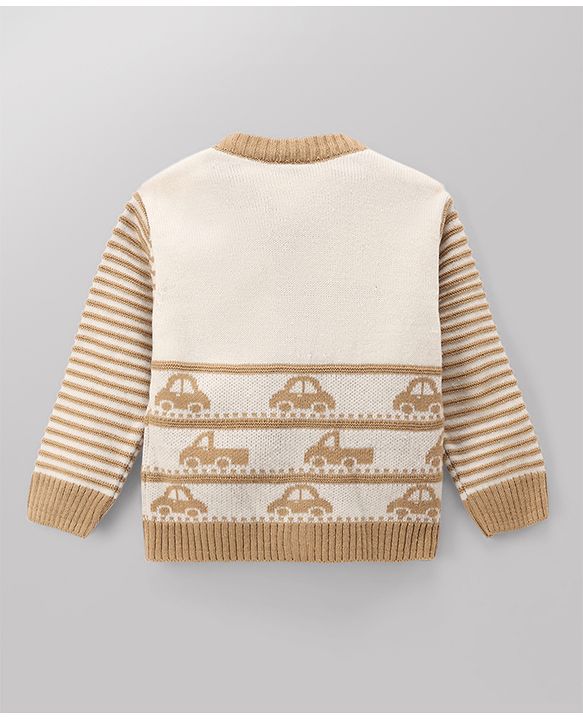 Babyhug Knit Full Sleeves Sweater Set with Vehicle Design - Beige