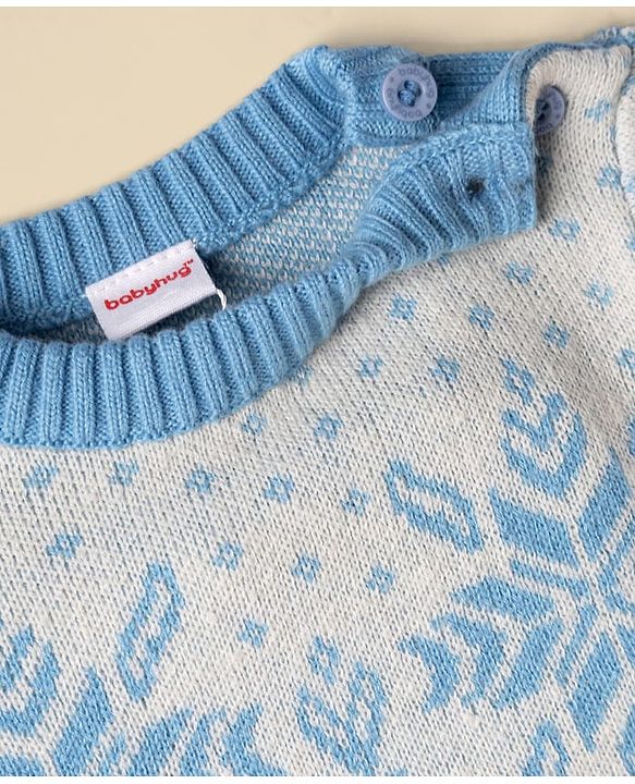 Babyhug Knit Full Sleeves Snow Flakes Printed Sweater Set With Cap - Light Blue