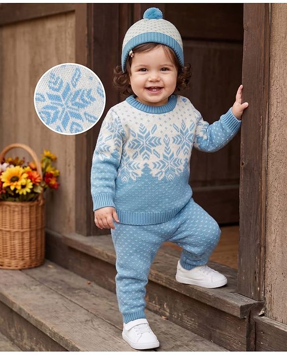 Babyhug Knit Full Sleeves Snow Flakes Printed Sweater Set With Cap - Light Blue