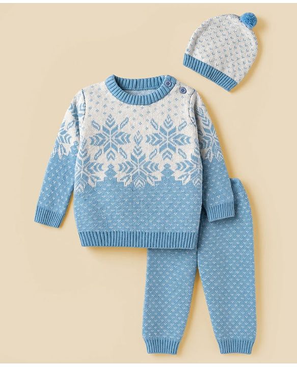 Babyhug Knit Full Sleeves Snow Flakes Printed Sweater Set With Cap - Light Blue
