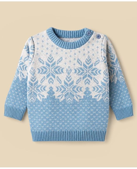 Babyhug Knit Full Sleeves Snow Flakes Printed Sweater Set With Cap - Light Blue