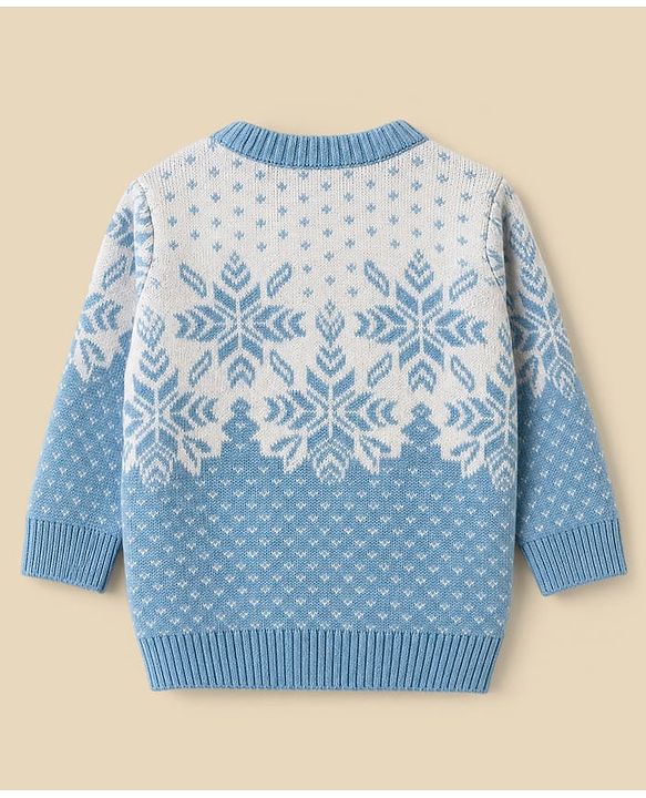 Babyhug Knit Full Sleeves Snow Flakes Printed Sweater Set With Cap - Light Blue