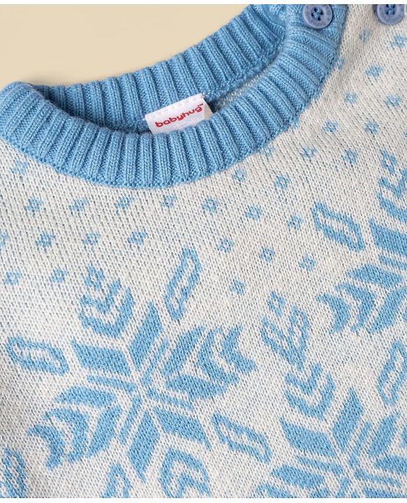 Babyhug Knit Full Sleeves Snow Flakes Printed Sweater Set With Cap - Light Blue