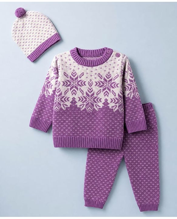 Babyhug Knit Full Sleeves Floral Design Sweater Set with Cap - Purple