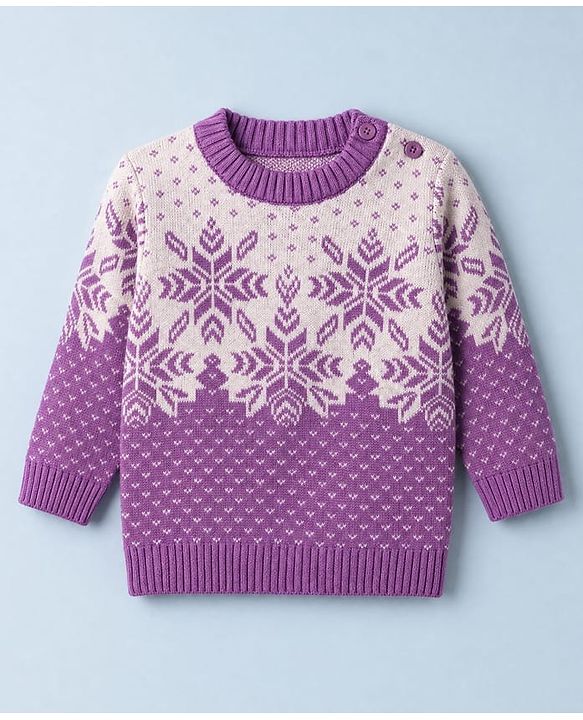 Babyhug Knit Full Sleeves Floral Design Sweater Set with Cap - Purple