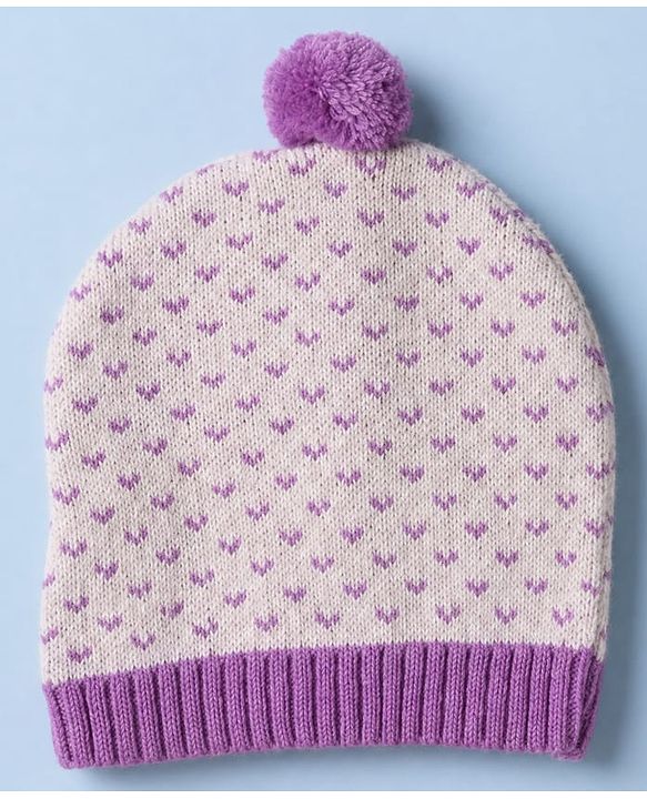 Babyhug Knit Full Sleeves Floral Design Sweater Set with Cap - Purple