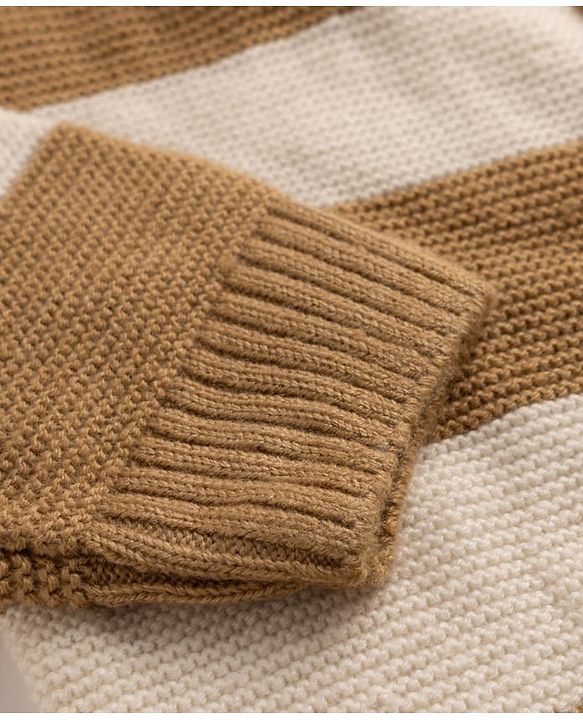 Babyhug Knit Full Sleeves Striped Sweater Set - Beige