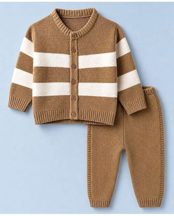 Babyhug Knit Full Sleeves Striped Sweater Set - Beige