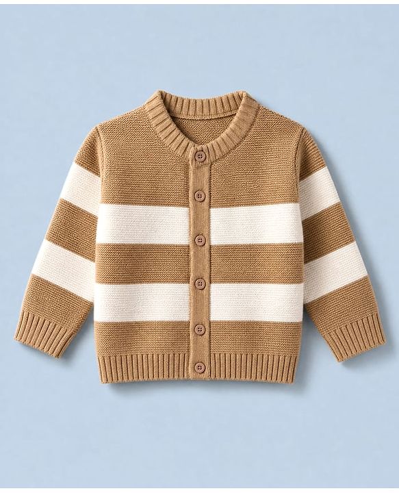 Babyhug Knit Full Sleeves Striped Sweater Set - Beige