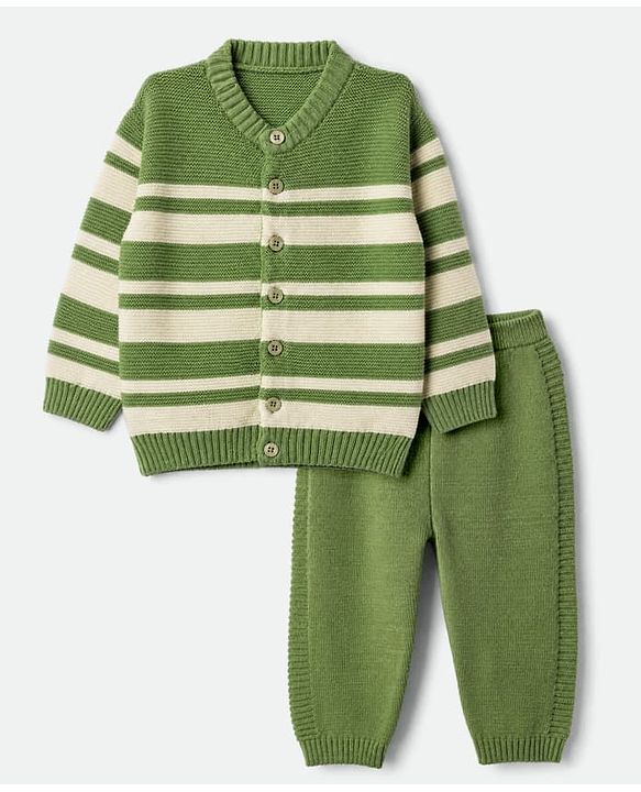 Babyhug Knit Sweater Set Full Sleeves Front Open with Stripes in Green