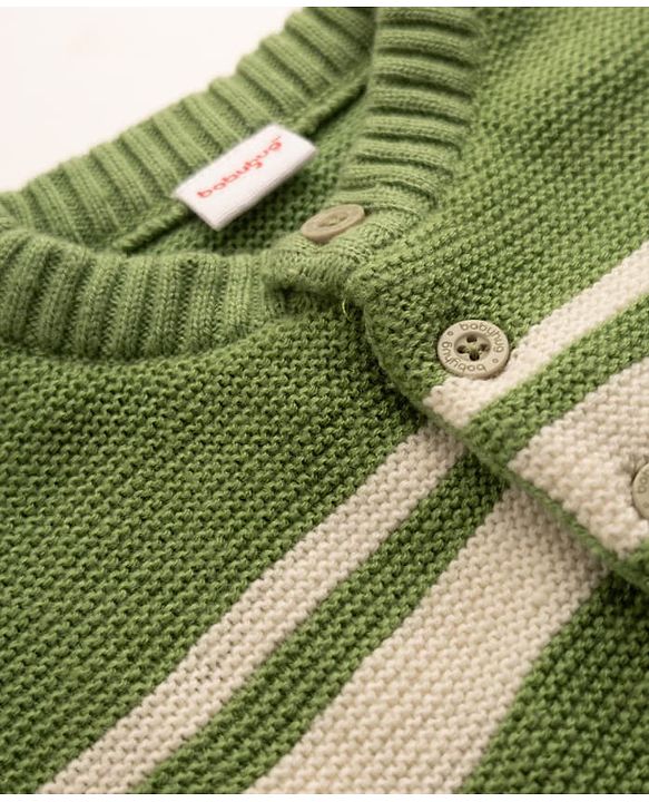 Babyhug Knit Sweater Set Full Sleeves Front Open with Stripes in Green