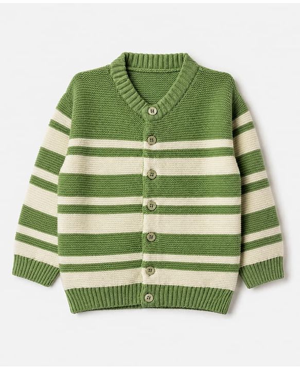 Babyhug Knit Sweater Set Full Sleeves Front Open with Stripes in Green