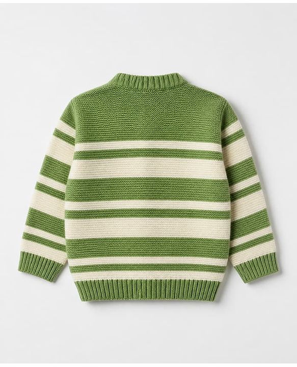 Babyhug Knit Sweater Set Full Sleeves Front Open with Stripes in Green