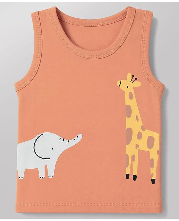 Babyhug 100% Cotton Single Jersey Knit Sleeveless Antibacterial Striped Sando With Animal Print Pack of 3 - Orange, Light Blue & White