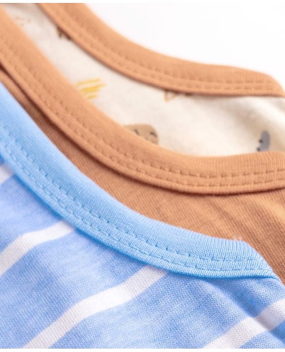 Babyhug 100% Cotton Single Jersey Knit Sleeveless Antibacterial Striped Sando With Animal Print Pack of 3 - Orange, Light Blue & White