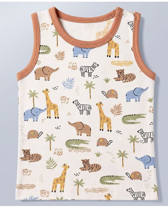 Babyhug 100% Cotton Single Jersey Knit Sleeveless Antibacterial Striped Sando With Animal Print Pack of 3 - Orange, Light Blue & White