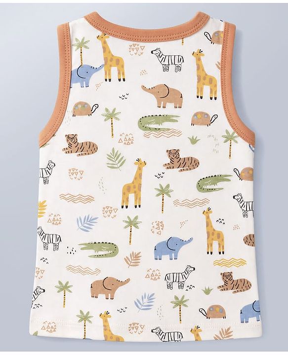 Babyhug 100% Cotton Single Jersey Knit Sleeveless Antibacterial Striped Sando With Animal Print Pack of 3 - Orange, Light Blue & White
