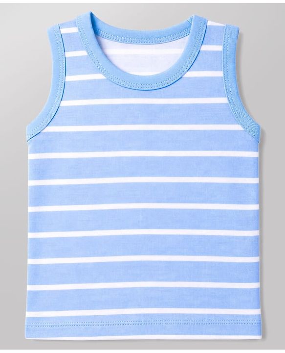 Babyhug 100% Cotton Single Jersey Knit Sleeveless Antibacterial Striped Sando With Animal Print Pack of 3 - Orange, Light Blue & White