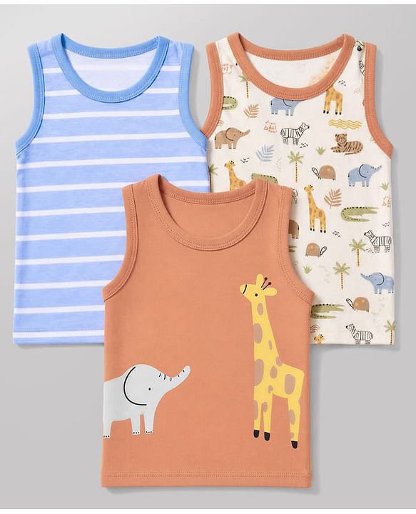 Babyhug 100% Cotton Single Jersey Knit Sleeveless Antibacterial Striped Sando With Animal Print Pack of 3 - Orange, Light Blue & White