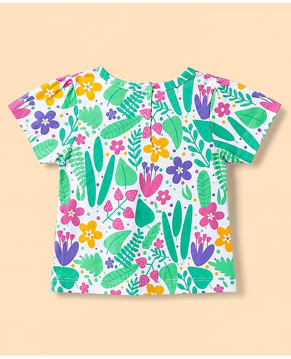 Babyhug 100% Cotton Knit Half Sleeves T-Shirt & Capri Night Suit Floral Print - Green