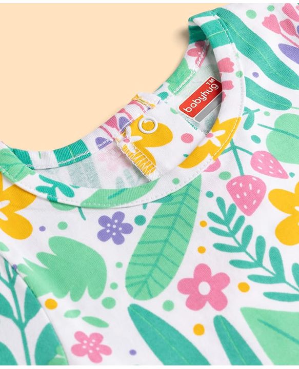 Babyhug 100% Cotton Knit Half Sleeves T-Shirt & Capri Night Suit Floral Print - Green