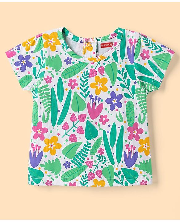 Babyhug 100% Cotton Knit Half Sleeves T-Shirt & Capri Night Suit Floral Print - Green
