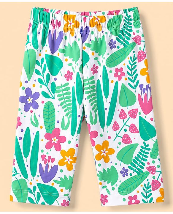 Babyhug 100% Cotton Knit Half Sleeves T-Shirt & Capri Night Suit Floral Print - Green