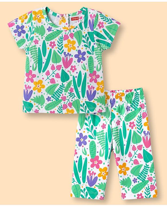 Babyhug 100% Cotton Knit Half Sleeves T-Shirt & Capri Night Suit Floral Print - Green