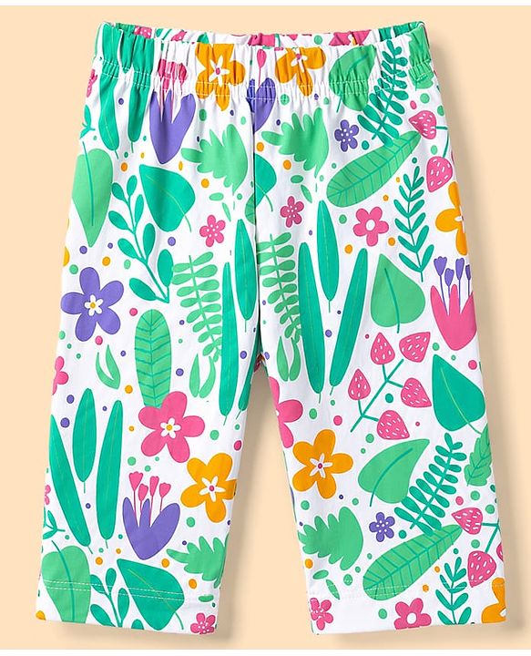 Babyhug 100% Cotton Knit Half Sleeves T-Shirt & Capri Night Suit Floral Print - Green