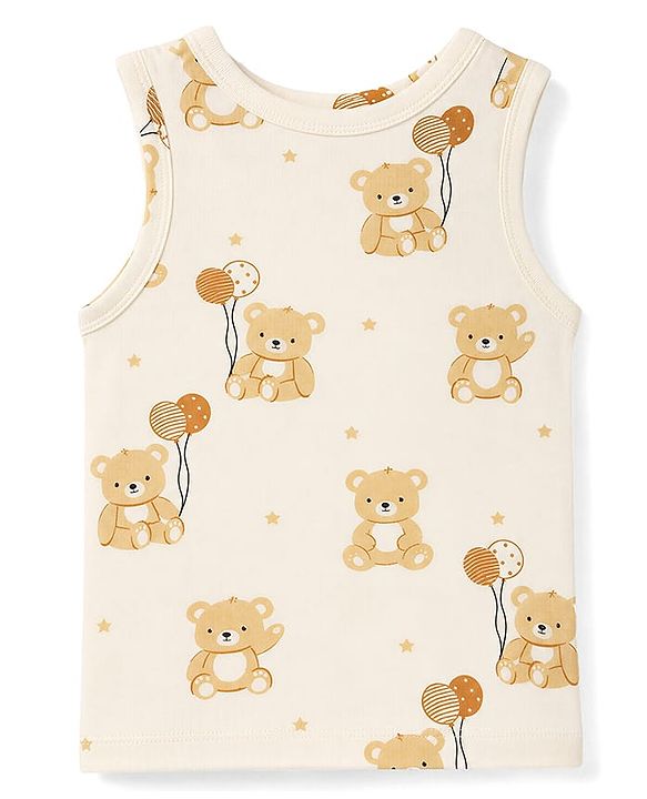 Babyhug 100% Cotton Single Jersey Knit Sleeveless Antibacterial Striped Sando With Teddy Print Pack of 3 - OffWhite, Orange & Rust Orange