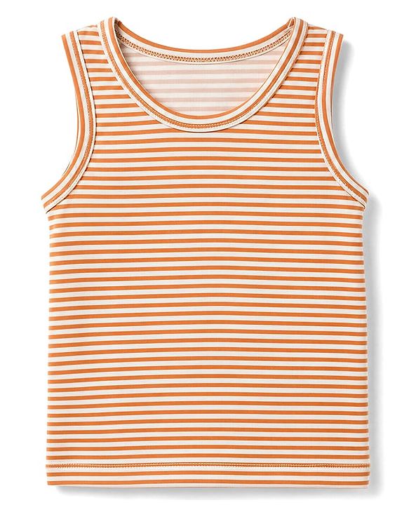Babyhug 100% Cotton Single Jersey Knit Sleeveless Antibacterial Striped Sando With Teddy Print Pack of 3 - OffWhite, Orange & Rust Orange
