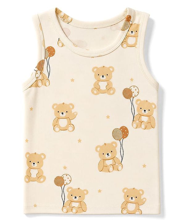 Babyhug 100% Cotton Single Jersey Knit Sleeveless Antibacterial Striped Sando With Teddy Print Pack of 3 - OffWhite, Orange & Rust Orange