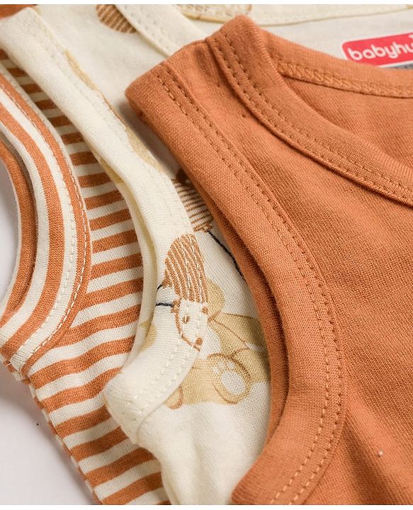 Babyhug 100% Cotton Single Jersey Knit Sleeveless Antibacterial Striped Sando With Teddy Print Pack of 3 - OffWhite, Orange & Rust Orange