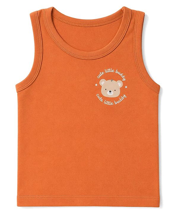 Babyhug 100% Cotton Single Jersey Knit Sleeveless Antibacterial Striped Sando With Teddy Print Pack of 3 - OffWhite, Orange & Rust Orange