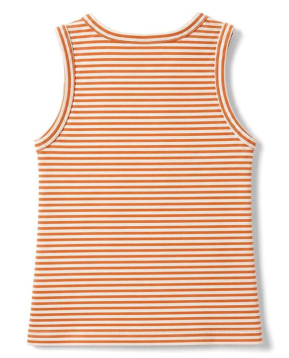 Babyhug 100% Cotton Single Jersey Knit Sleeveless Antibacterial Striped Sando With Teddy Print Pack of 3 - OffWhite, Orange & Rust Orange